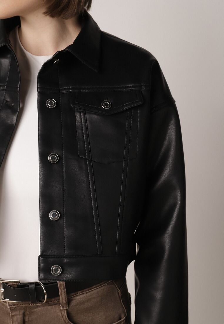 Czarna Kurtka Ramoneska o Krótkim Koszulowym Kroju Savalorne 5