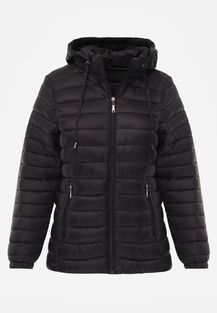 Czarna Klasyczna Kurtka Przejściowa z Pikowaniem i Odpinanym Kapturem Fezizola 6
