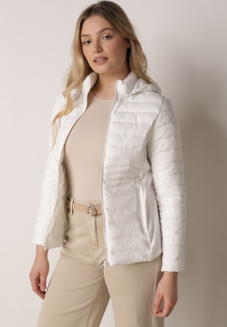 Biała Pikowana Kurtka Przejściowa z Kapturem i Elastycznymi Panelami Feziala 1