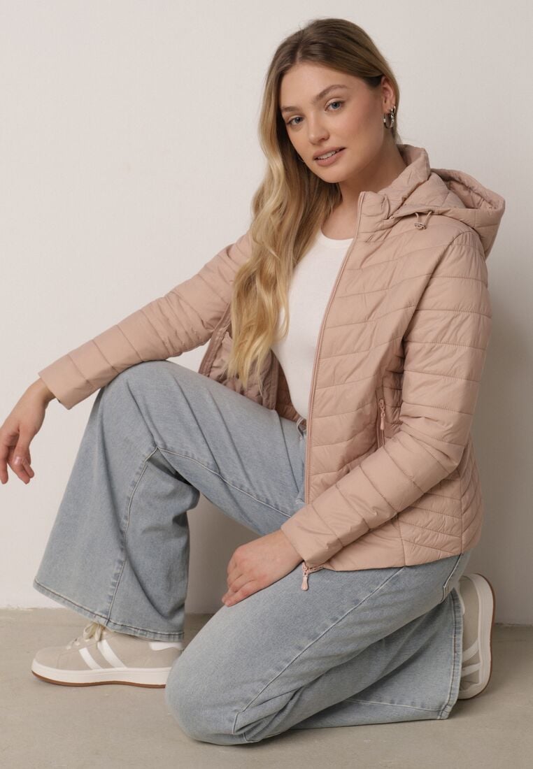 Beżowa Przejściowa Kurtka Pikowana z Odpinanym Kapturem Edrelith 4