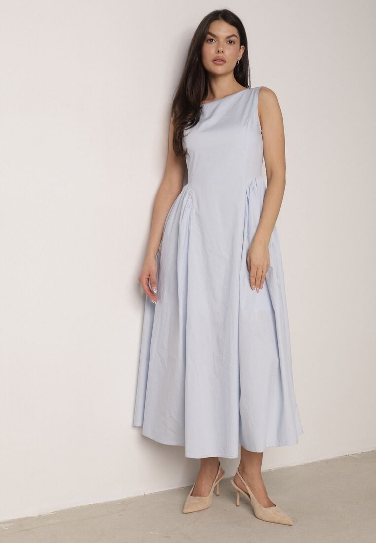 Jasnoniebieska Sukienka Bawełniana o Rozkloszowanym Fasonie z Dekoltem Łódką i Kieszeniami Elenira 1