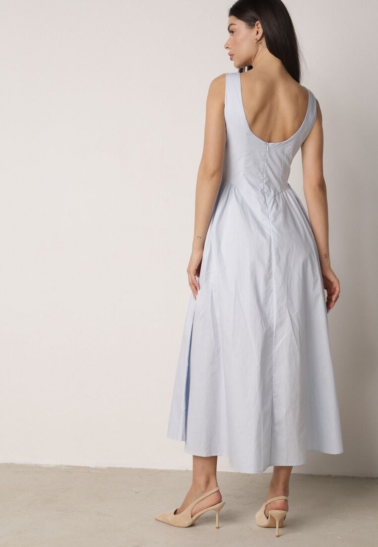 Jasnoniebieska Sukienka Bawełniana o Rozkloszowanym Fasonie z Dekoltem Łódką i Kieszeniami Elenira 3