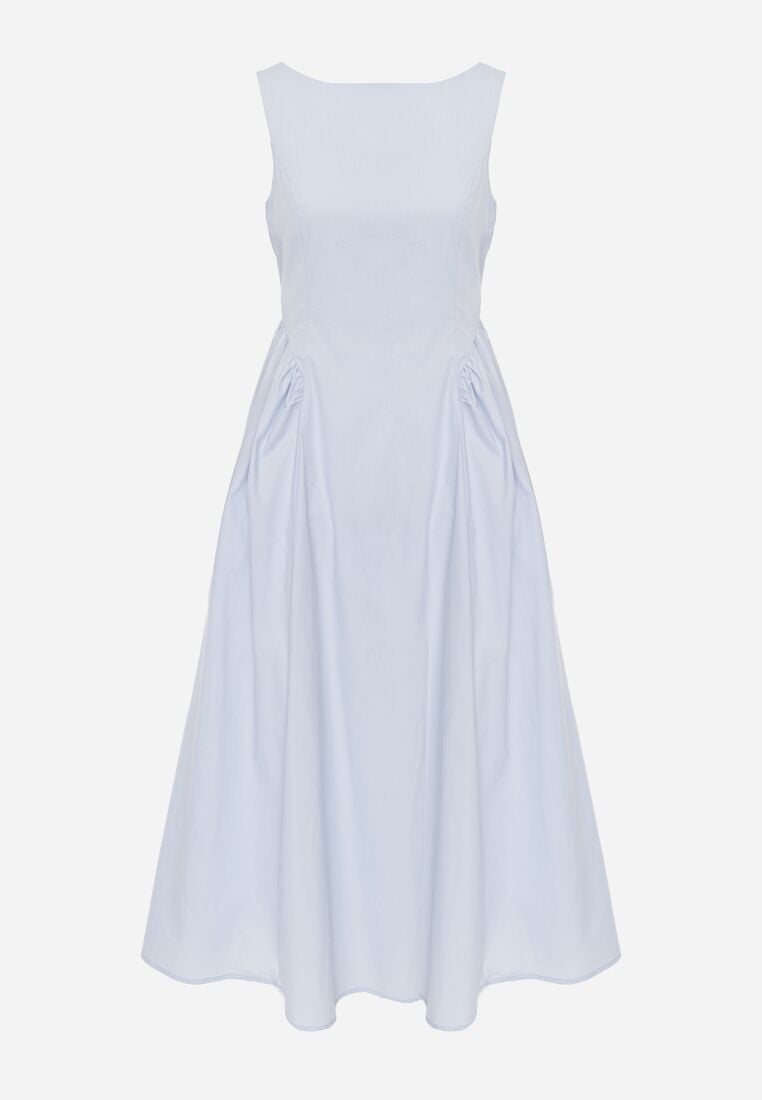 Jasnoniebieska Sukienka Bawełniana o Rozkloszowanym Fasonie z Dekoltem Łódką i Kieszeniami Elenira 6