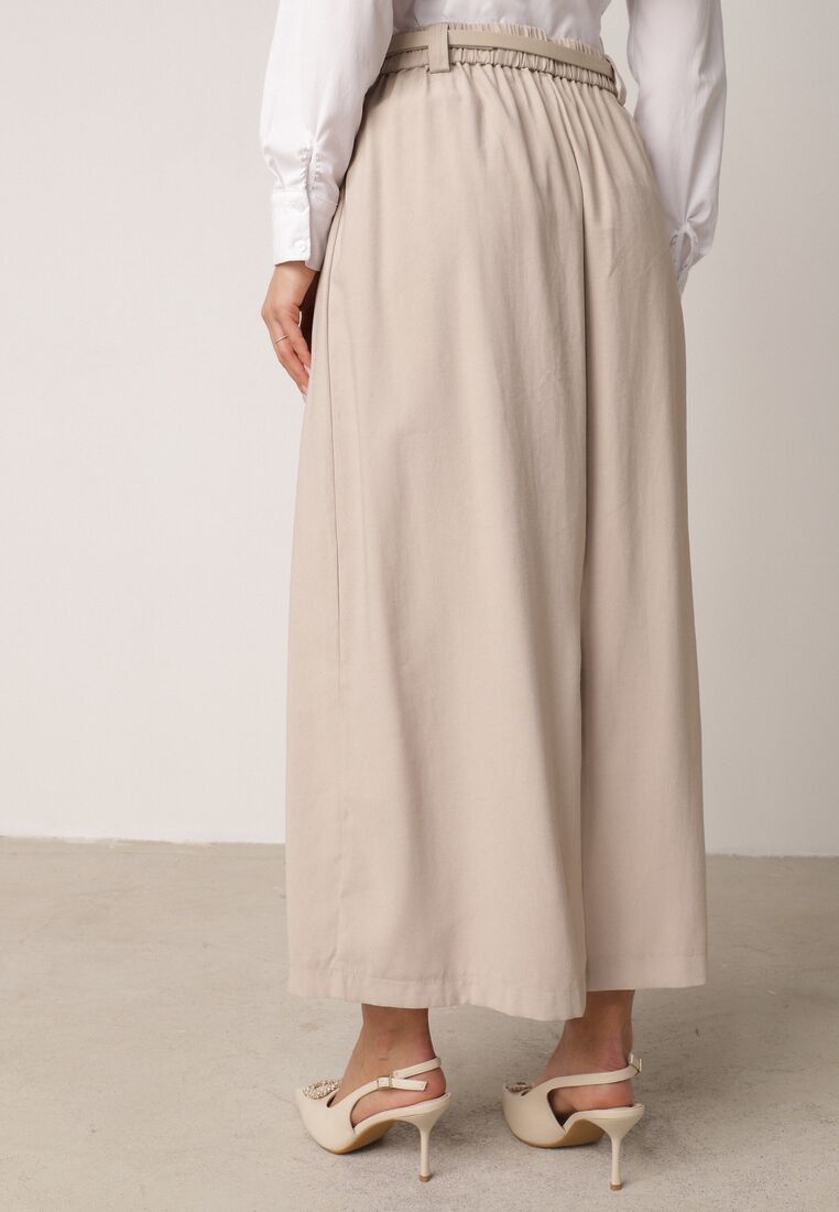 Beżowa Wiskozowa Spódnica o Rozkloszowanym Kroju z Plisami i Paskiem Rolea 3