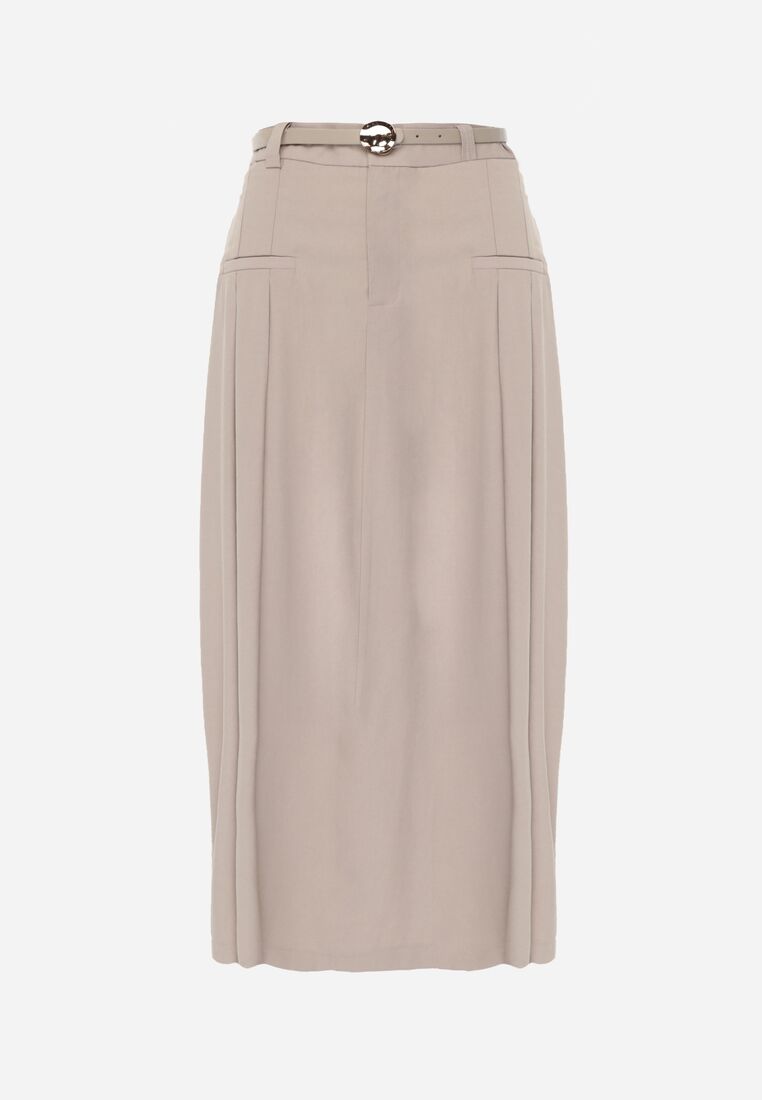 Beżowa Wiskozowa Spódnica o Rozkloszowanym Kroju z Plisami i Paskiem Rolea 6