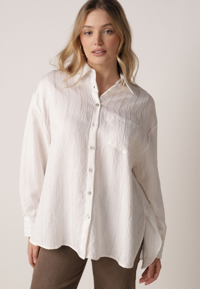 Biała Wiskozowa Koszula z Dodatkiem Lnu z Tkaniny Strukturalnej Noma 1