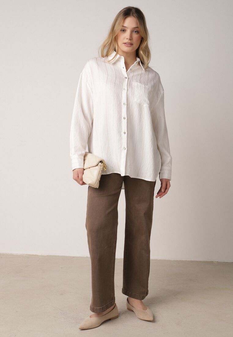 Biała Wiskozowa Koszula z Dodatkiem Lnu z Tkaniny Strukturalnej Noma 2
