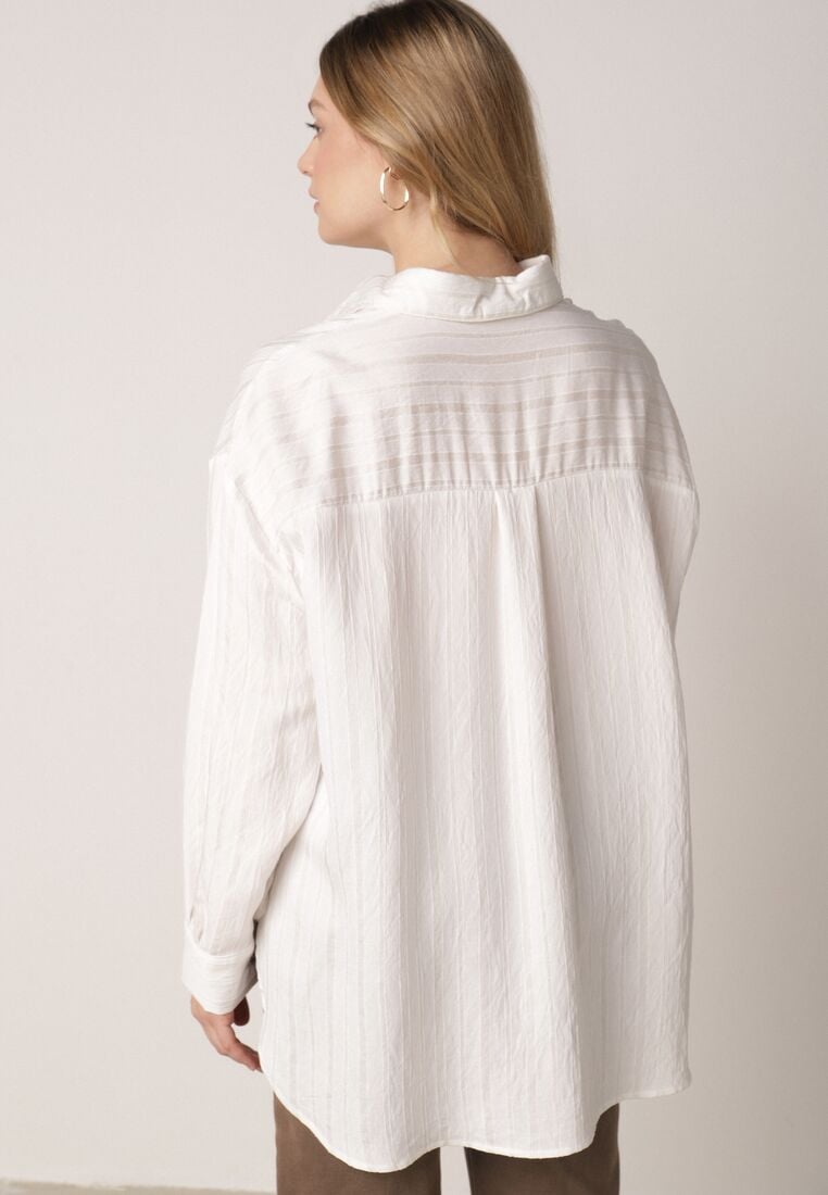 Biała Wiskozowa Koszula z Dodatkiem Lnu z Tkaniny Strukturalnej Noma 3