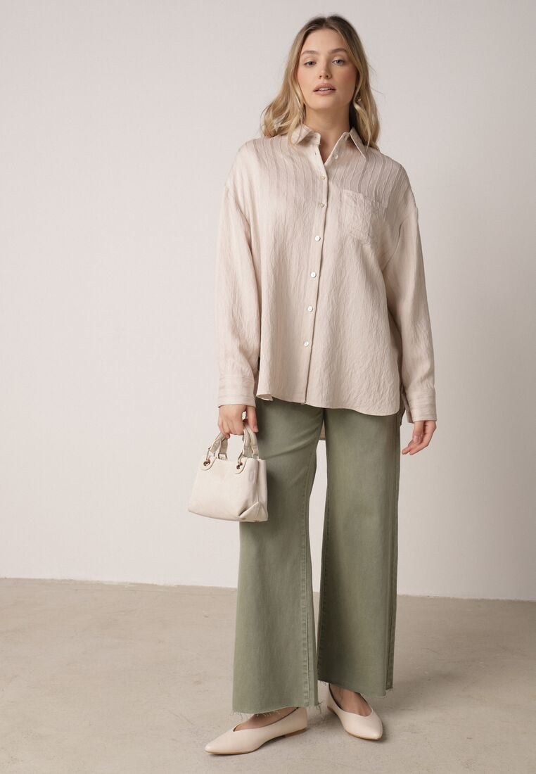 Beżowa Wiskozowa Koszula z Dodatkiem Lnu z Tkaniny Strukturalnej Noma 2