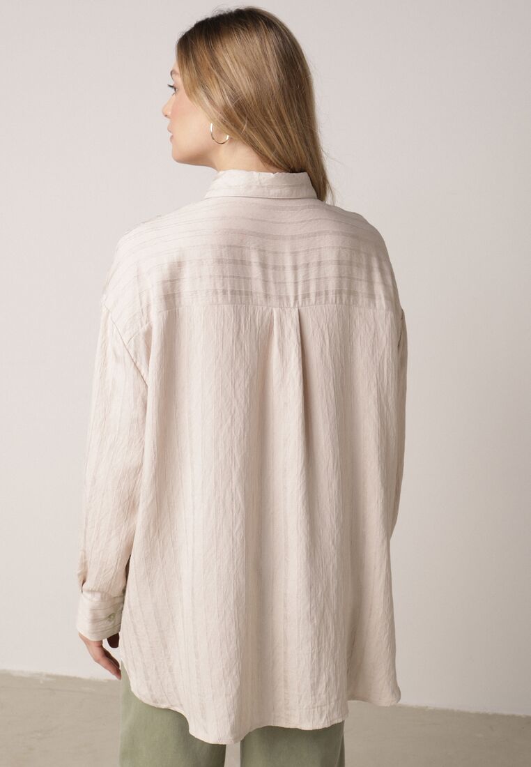 Beżowa Wiskozowa Koszula z Dodatkiem Lnu z Tkaniny Strukturalnej Noma 3