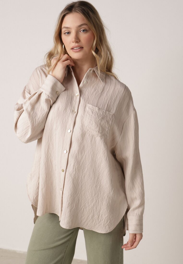 Beżowa Wiskozowa Koszula z Dodatkiem Lnu z Tkaniny Strukturalnej Noma 4