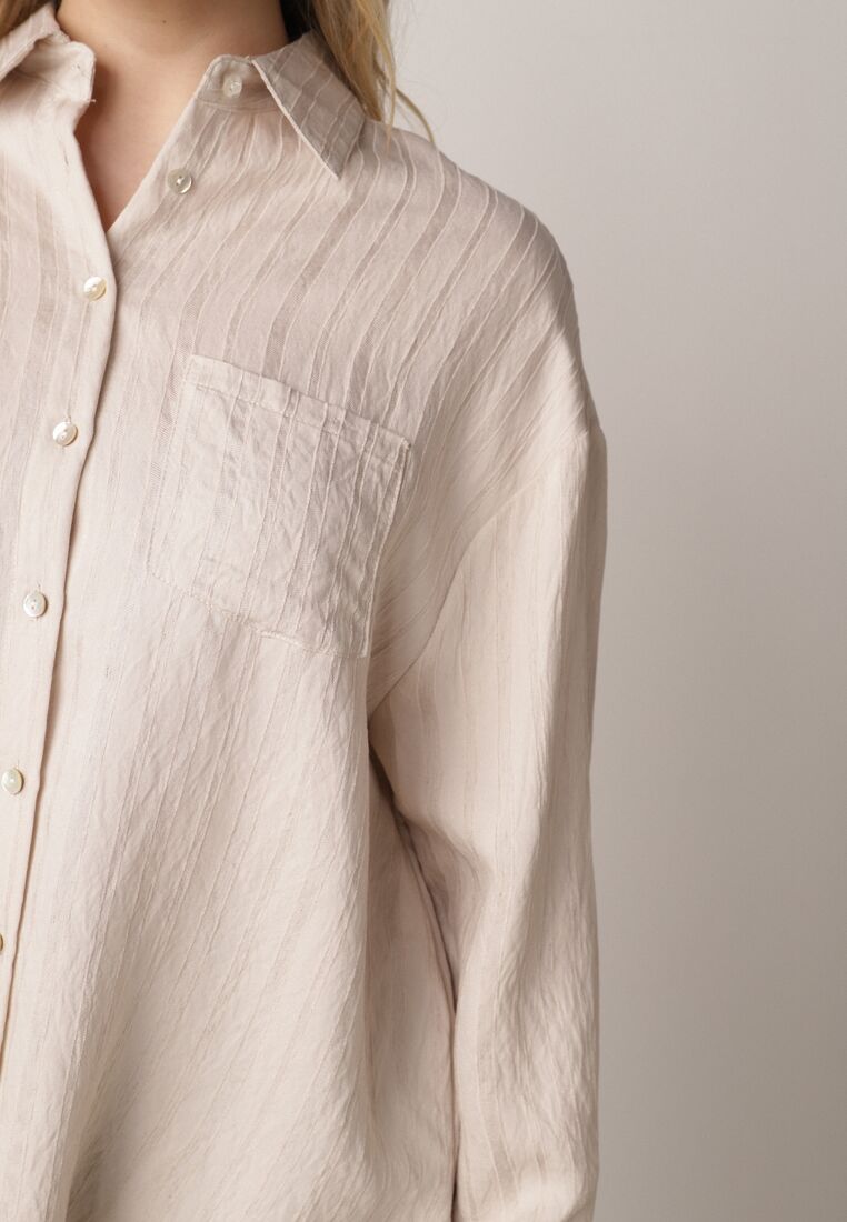 Beżowa Wiskozowa Koszula z Dodatkiem Lnu z Tkaniny Strukturalnej Noma 5