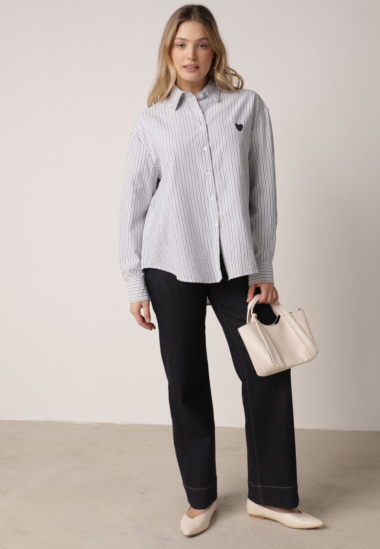 Niebieska Koszula z Bawełną w Paski Ozdobiona Haftem Sercem Sewriva 2