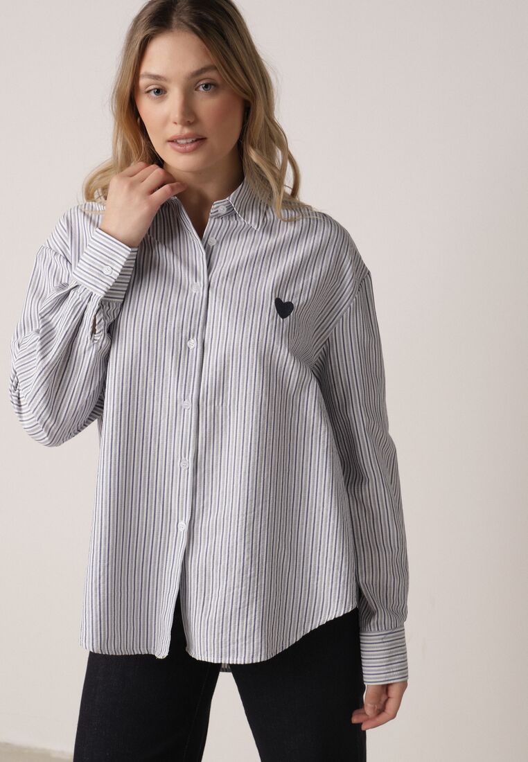 Niebieska Koszula z Bawełną w Paski Ozdobiona Haftem Sercem Sewriva 4