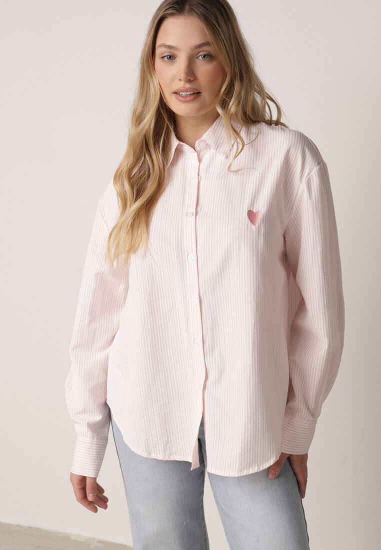 Różowa Koszula z Bawełną w Paski Ozdobiona Haftem Sercem Sewriva 1