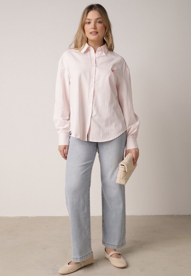 Różowa Koszula z Bawełną w Paski Ozdobiona Haftem Sercem Sewriva 2