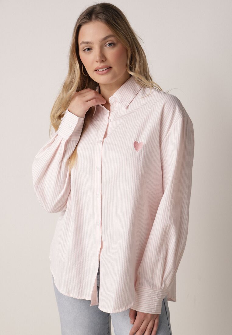 Różowa Koszula z Bawełną w Paski Ozdobiona Haftem Sercem Sewriva 4