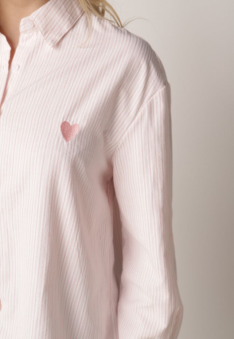 Różowa Koszula z Bawełną w Paski Ozdobiona Haftem Sercem Sewriva 5
