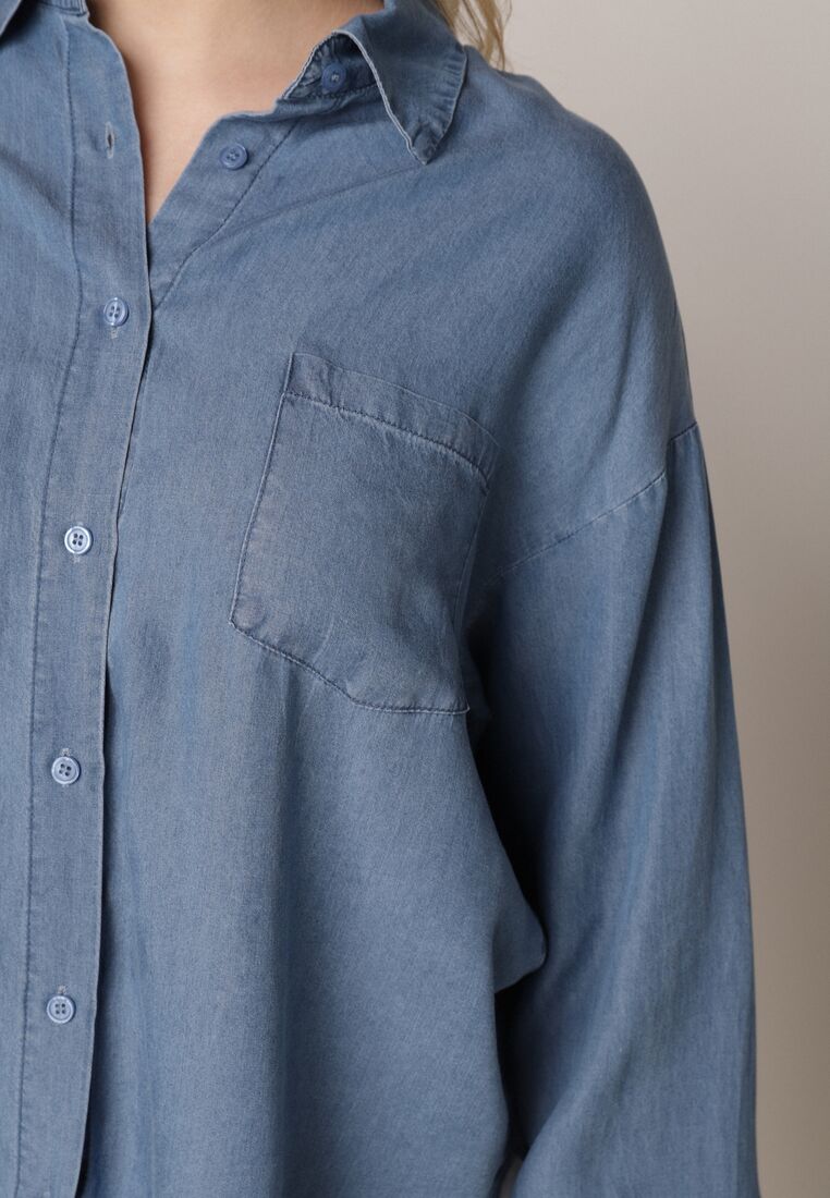 Niebieska Koszula Jeansowa z Bawełną Ozdobiona Kieszonką Koreti 5