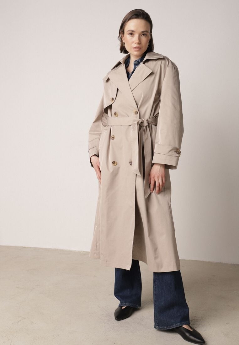 Beżowy Bawełniano-Wiskozowy Płaszcz Trencz z Wiązanym Paskiem i Klapą Lissana 2