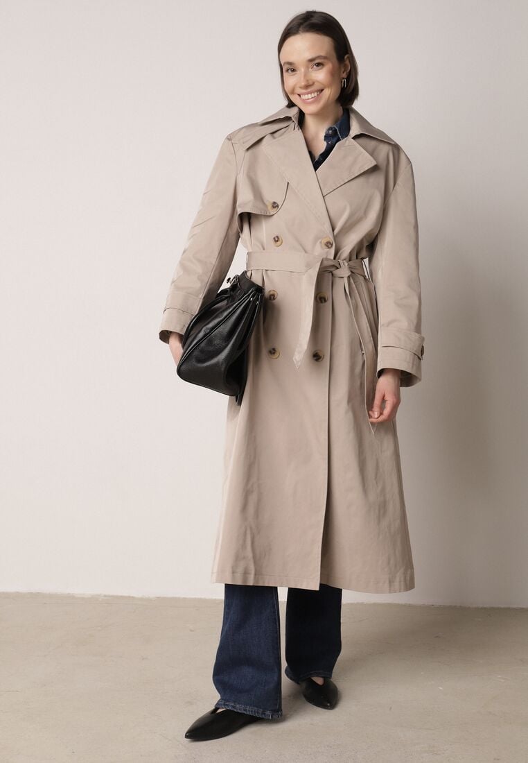 Beżowy Bawełniano-Wiskozowy Płaszcz Trencz z Wiązanym Paskiem i Klapą Lissana 4