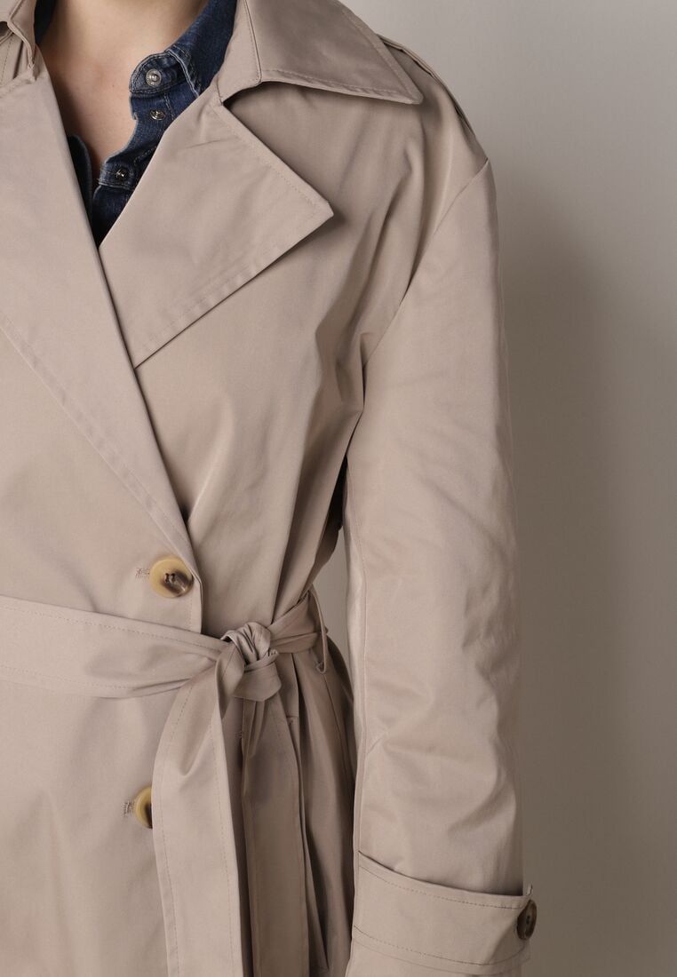 Beżowy Bawełniano-Wiskozowy Płaszcz Trencz z Wiązanym Paskiem i Klapą Lissana 5