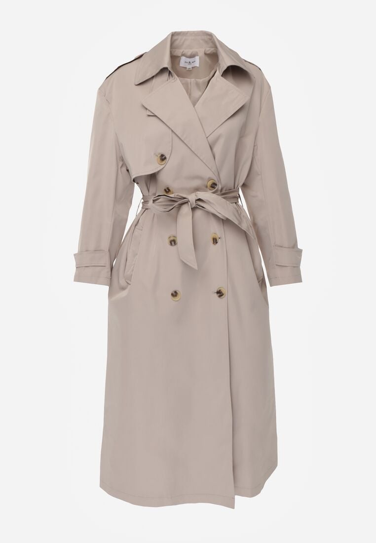 Beżowy Bawełniano-Wiskozowy Płaszcz Trencz z Wiązanym Paskiem i Klapą Lissana 6