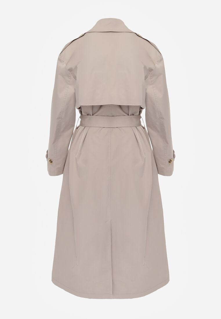 Beżowy Bawełniano-Wiskozowy Płaszcz Trencz z Wiązanym Paskiem i Klapą Lissana 7