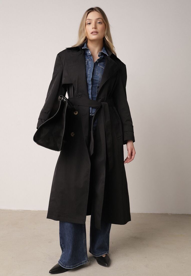 Czarny Bawełniano-Wiskozowy Płaszcz Trencz z Wiązanym Paskiem i Klapą Lissana 2