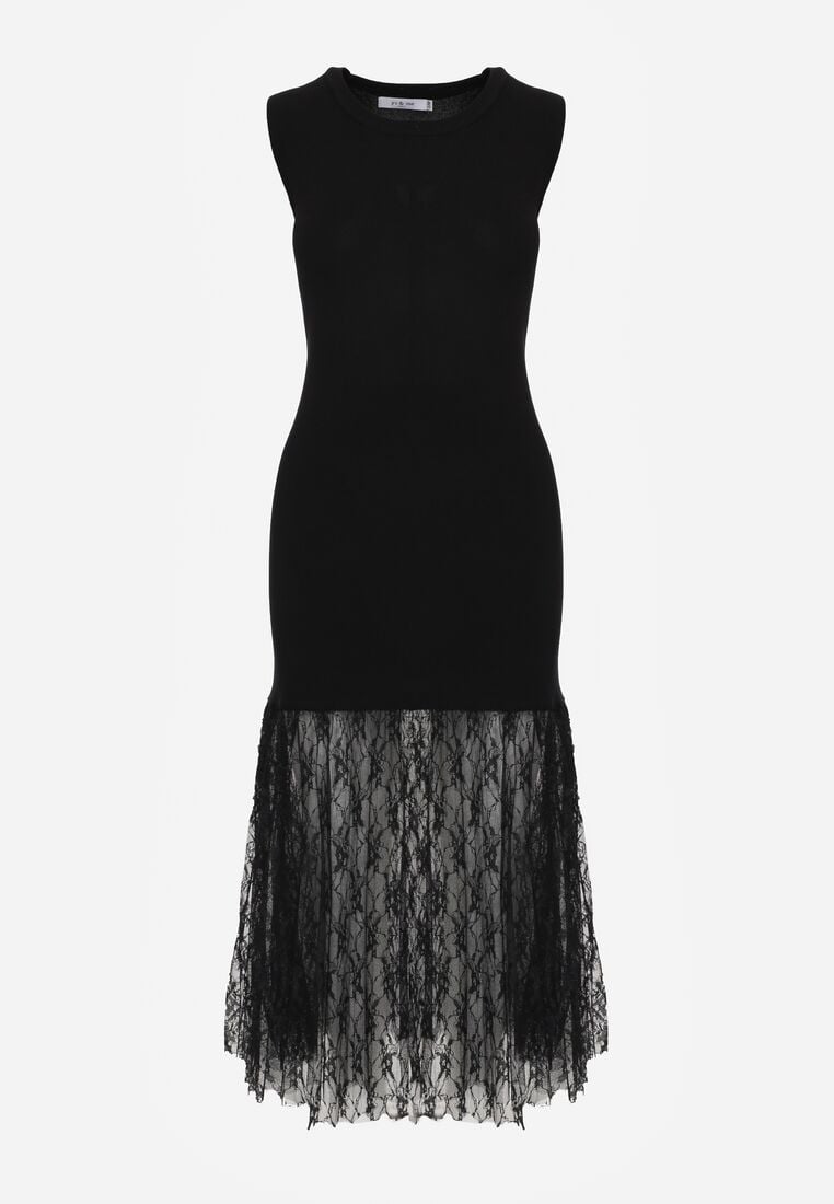 Czarna Koktajlowa Sukienka z Wiskozą i Rozkloszowanym Koronkowym Dołem Erivissa 6