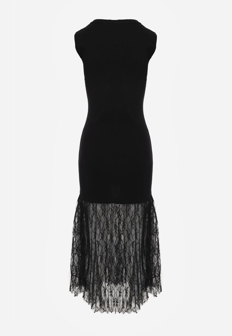 Czarna Koktajlowa Sukienka z Wiskozą i Rozkloszowanym Koronkowym Dołem Erivissa 7