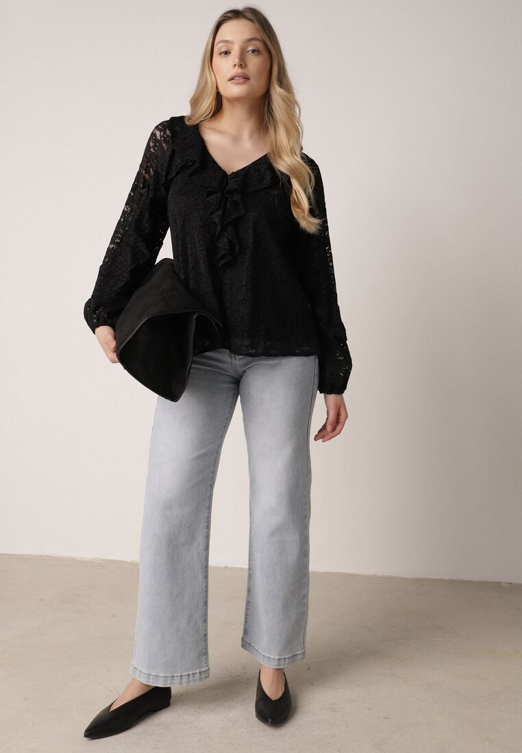 Czarna Bluzka z Koronki Ozdobiona Falbankami Sewola 2