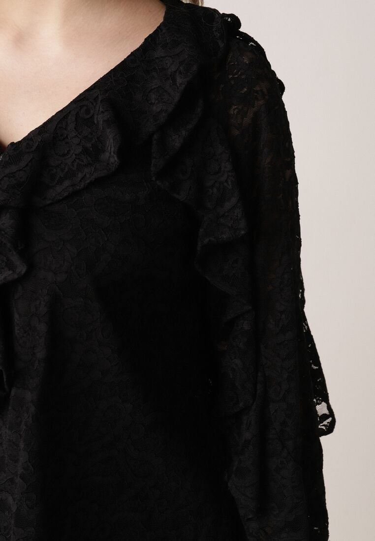 Czarna Bluzka z Koronki Ozdobiona Falbankami Sewola 5