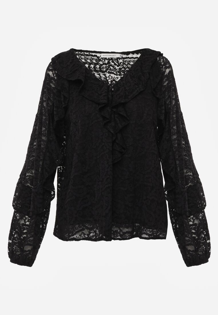 Czarna Bluzka z Koronki Ozdobiona Falbankami Sewola 6