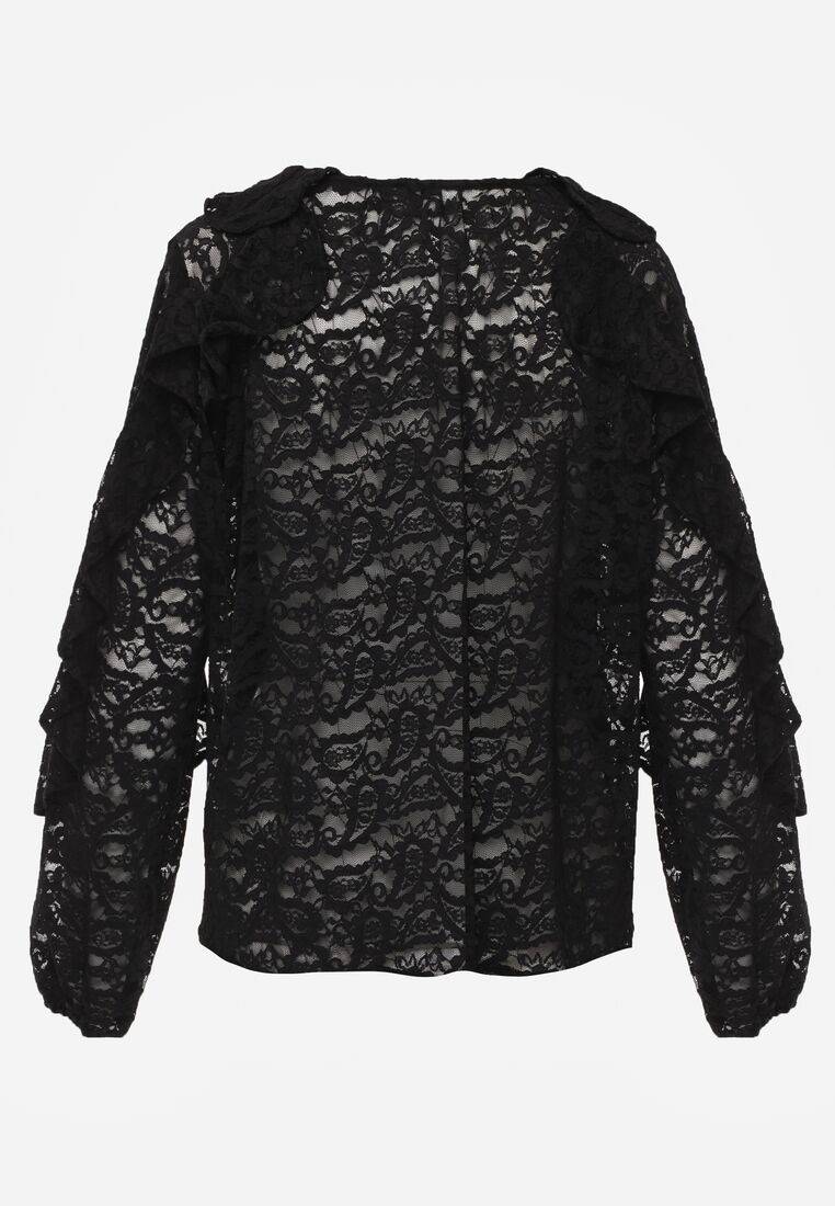 Czarna Bluzka z Koronki Ozdobiona Falbankami Sewola 7