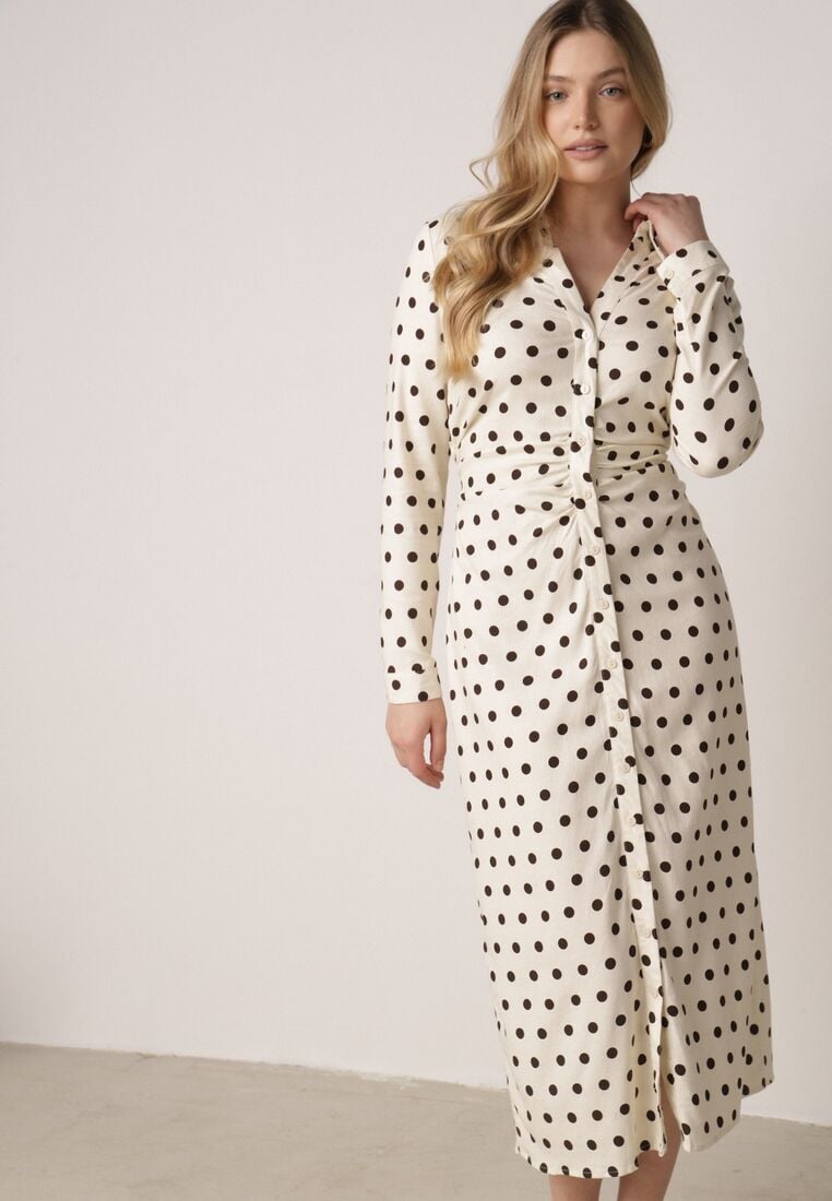 Beżowy Wiskozowa Sukienka Koszulowa z Domieszką Lnu z Marszczeniem Besirra 4