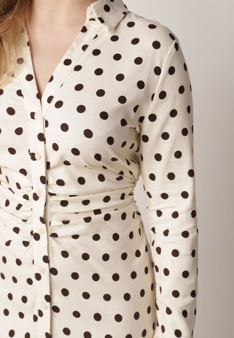 Beżowy Wiskozowa Sukienka Koszulowa z Domieszką Lnu z Marszczeniem Besirra 5