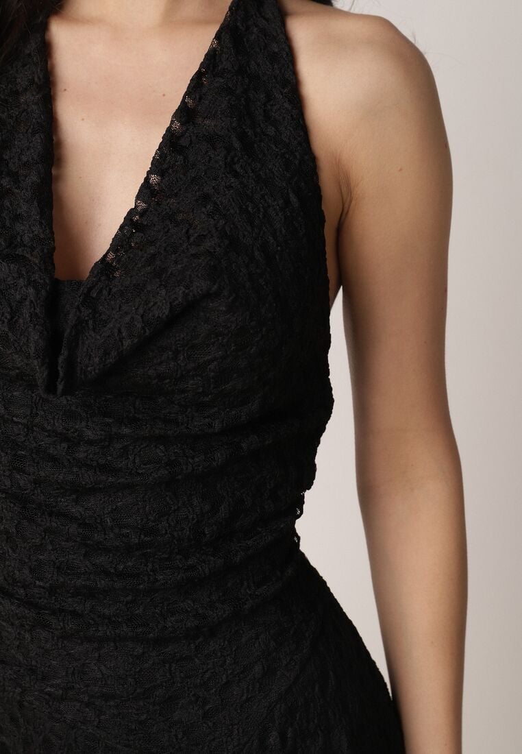 Czarna Rozkloszowana Sukienka z Koronki z Wiązaniem i Odkrytymi Plecami Bernisa 5