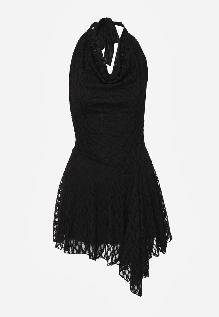 Czarna Rozkloszowana Sukienka z Koronki z Wiązaniem i Odkrytymi Plecami Bernisa 6