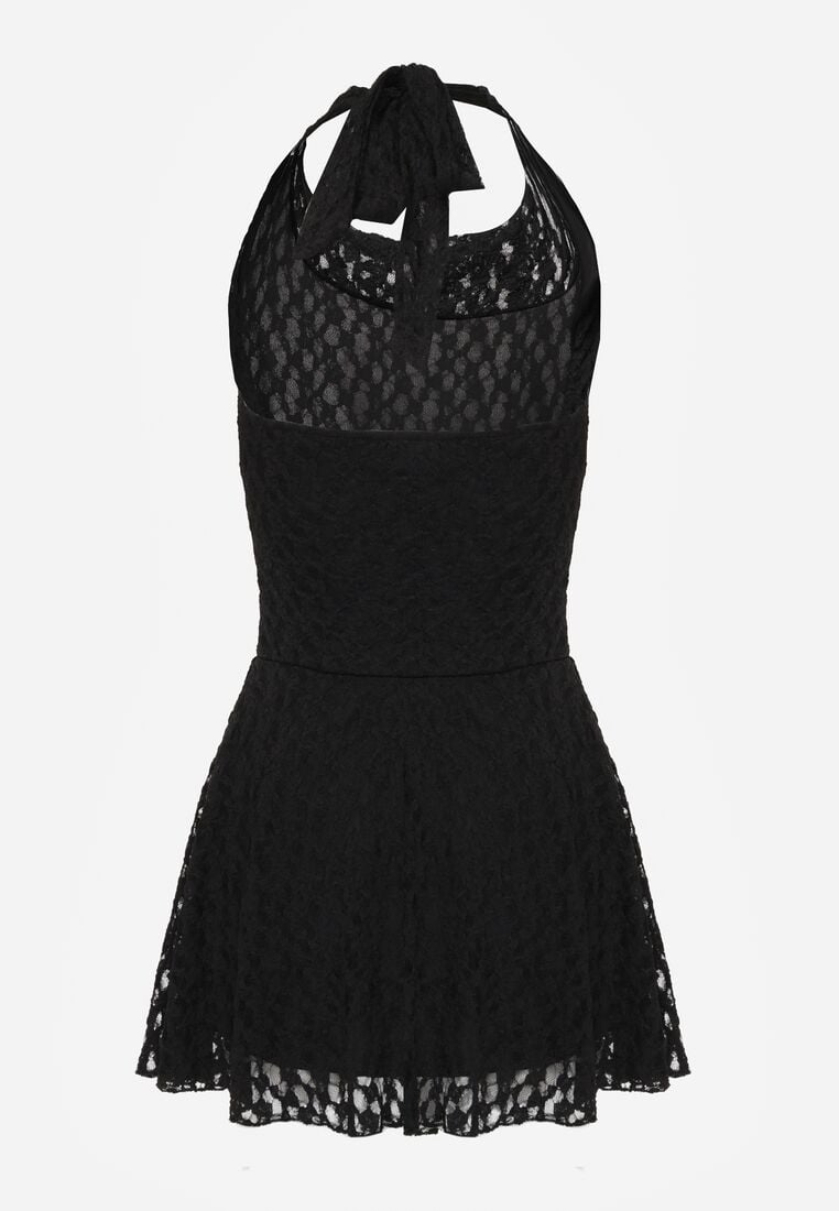 Czarna Rozkloszowana Sukienka z Koronki z Wiązaniem i Odkrytymi Plecami Bernisa 7