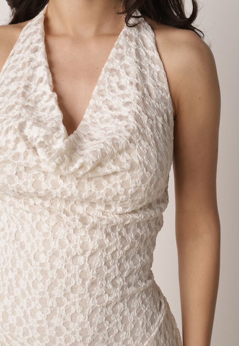 Biała Rozkloszowana Sukienka z Koronki z Wiązaniem i Odkrytymi Plecami Bernisa 5