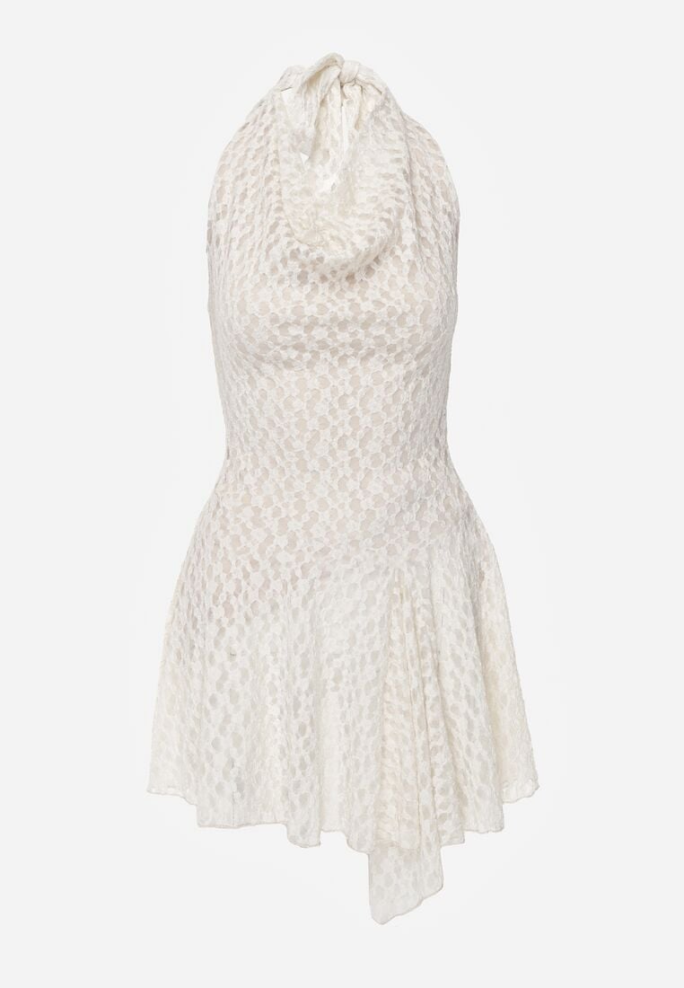 Biała Rozkloszowana Sukienka z Koronki z Wiązaniem i Odkrytymi Plecami Bernisa 6
