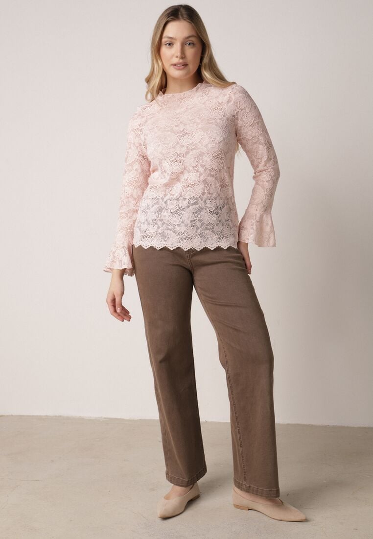 Różowa Koronkowa Bluzka z Falbanką i Rozszerzanymi Rękawami Nelaetia 2