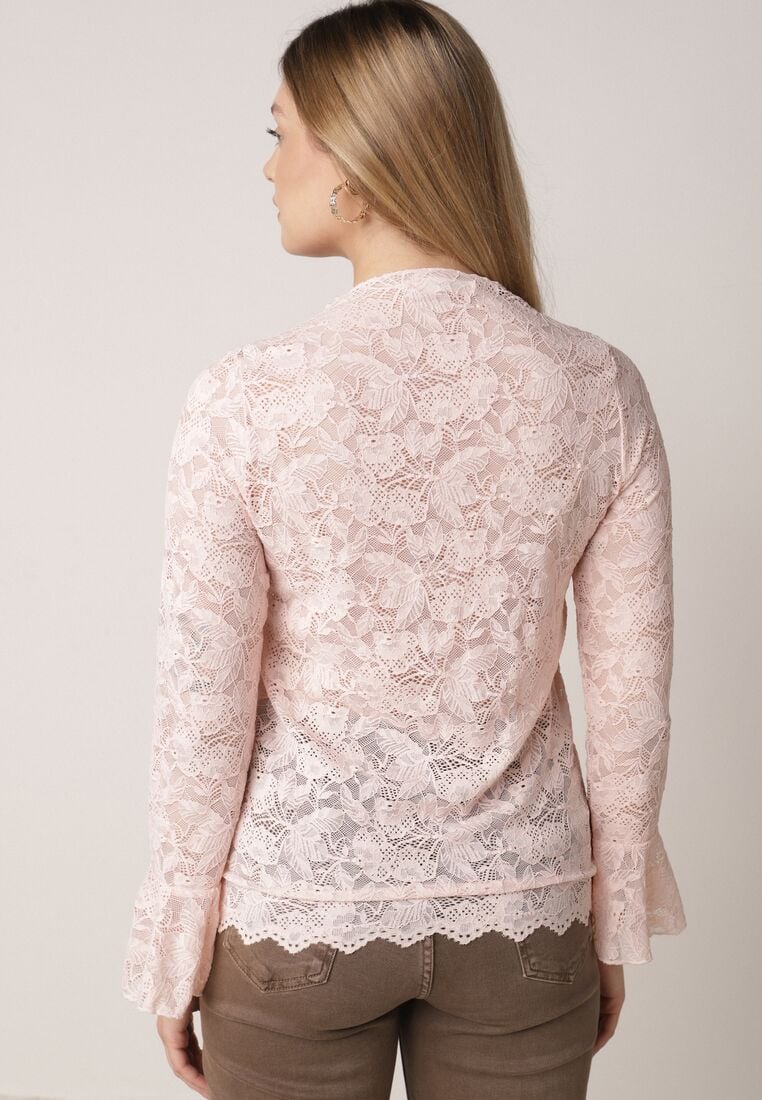 Różowa Koronkowa Bluzka z Falbanką i Rozszerzanymi Rękawami Nelaetia 3