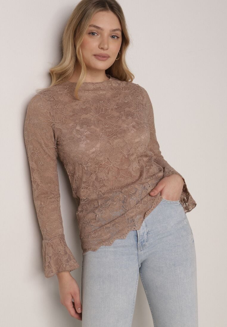 Brązowa Koronkowa Bluzka z Falbanką i Rozszerzanymi Rękawami Nelaetia 1