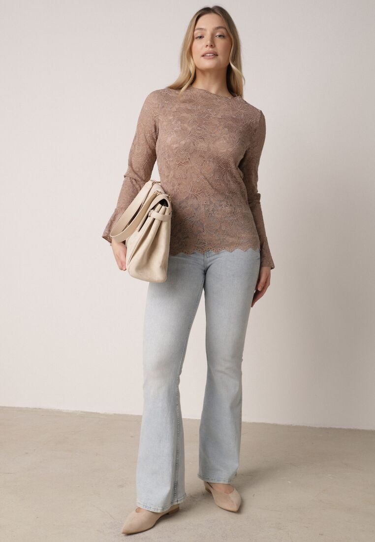 Brązowa Koronkowa Bluzka z Falbanką i Rozszerzanymi Rękawami Nelaetia 2