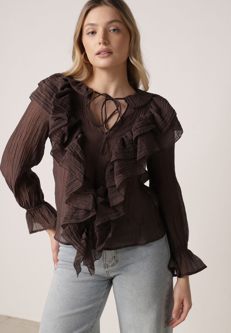 Brązowa Bluzka z Lyocellem Ozdobiona Falbanami i Wiązaniem Esathra 1
