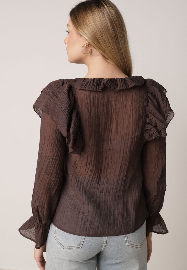 Brązowa Bluzka z Lyocellem Ozdobiona Falbanami i Wiązaniem Esathra 3