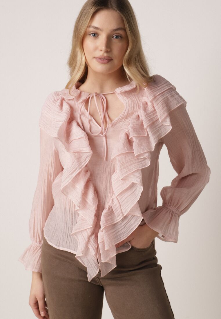 Różowa Bluzka z Lyocellem Ozdobiona Falbanami i Wiązaniem Esathra 1