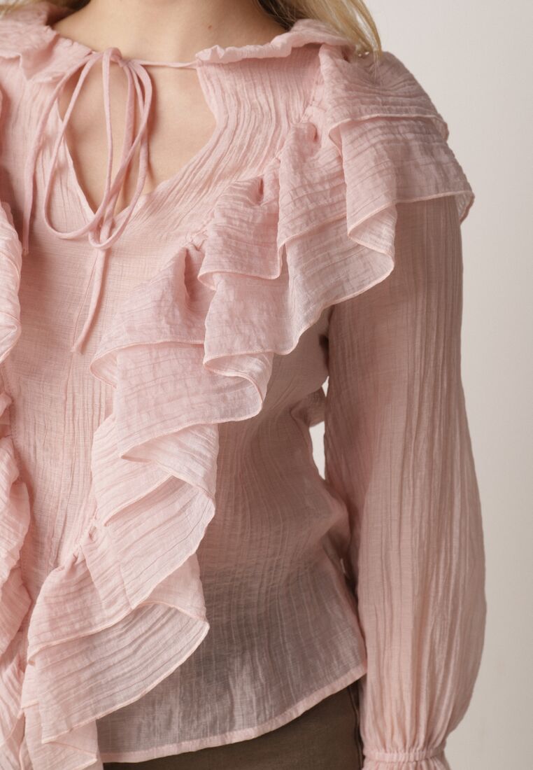 Różowa Bluzka z Lyocellem Ozdobiona Falbanami i Wiązaniem Esathra 5